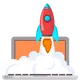 Cartoon raket die opstijgt vanaf een laptop met rookwolken, symboliseert digitale groei of snelle startup lancering.