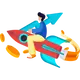 Illustratie van een persoon op een rode raket met blauwe pijl, omringd door gouden munten, symboliseert zakelijke groei en succes.