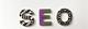 Het woord "SEO" gespeld met decoratieve letters in zwart-wit patronen en paars-groene print op witte achtergrond
