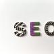 Het woord "SEO" gespeld met decoratieve letters in zwart-wit patronen en paars-groene print op witte achtergrond