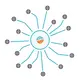Schematische tekening van een netwerkstructuur met een centraal oranje-blauw wereldbol-icoon verbonden met meerdere kleinere wereldbollen.