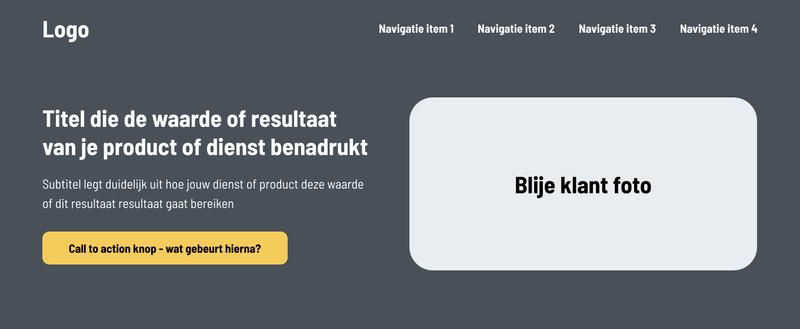 Donkere webpagina header met logo, navigatie, wervende titel, call-to-action knop en placeholder voor een klantfoto