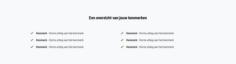 Alt-tekst: Een minimalistisch wit overzicht met 6 groene vinkjes en herhalende tekst, toont een checkliststructuur voor kenmerken.
