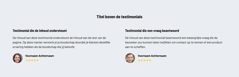 Twee testimonial-kaders met tekst en profielfoto's op lichtgrijze achtergrond, elk met 5-sterren rating eronder