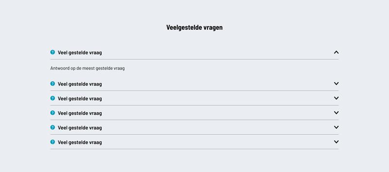 Uitklapbaar FAQ-menu met zes veelgestelde vragen, eerste vraag uitgevouwen, overige vragen ingeklapt met dropdown-pijlen.