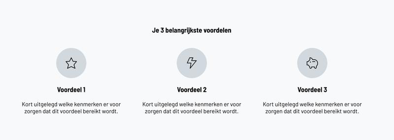 Een minimalistische layout met drie grijze cirkels in een rij, elk met een pictogram en identieke tekst eronder