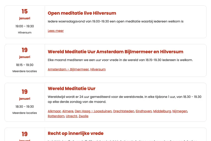 Agenda met meditatie-evenementen in januari, waaronder open meditaties en wereldmeditatie-uren op verschillende locaties in Nederland.