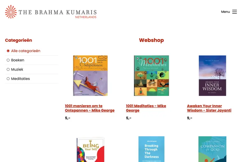 Webshop-pagina van Brahma Kumaris met spirituele boeken en meditatie-producten in een overzichtelijk rasterweergave