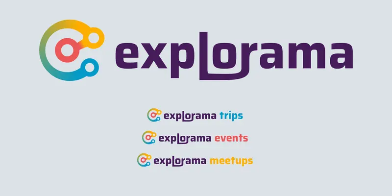 Logo van Explorama met kleurrijk cirkelontwerp en drie submerken: trips, events en meetups in verschillende kleuren