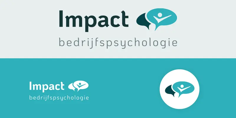 Logo van Impact bedrijfspsychologie met gestileerde spreekwolk en menselijk figuur in turquoise kleurenschema