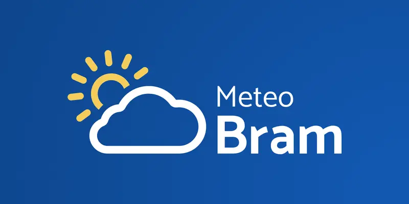 Logo van Meteo Bram met witte wolk en gele zon op donkerblauwe achtergrond, modern weer-app ontwerp.