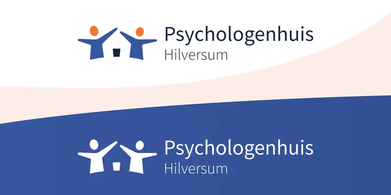 Logo van Psychologenhuis Hilversum met gestileerde figuren en huisje in wit op donkerblauwe en lichte achtergrond
