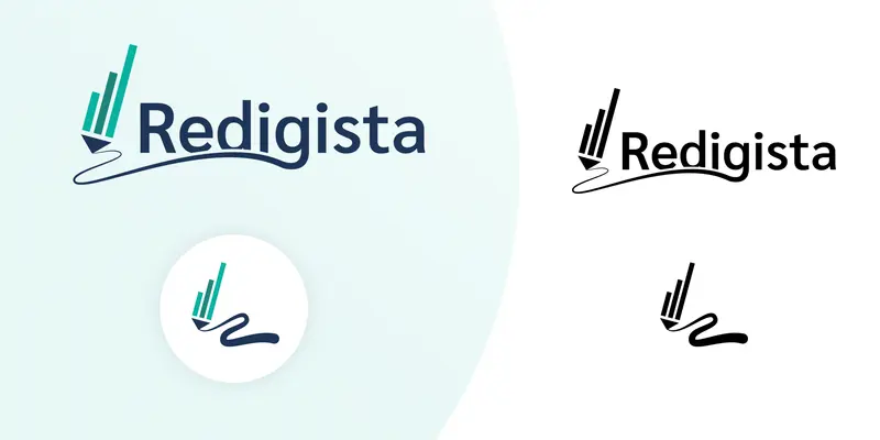 Logo van Redigista met gestileerd potlood icoon in turquoise en zwart-wit varianten op lichte achtergrond