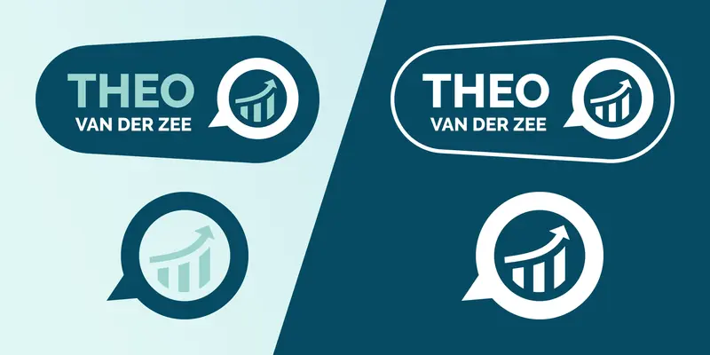 Logo ontwerpen voor 'Theo van der Zee' met grafisch stijgende lijn icoon in spraakwolk, getoond in donker en licht variant.