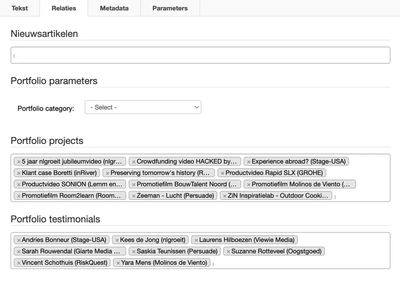 Interface voor portfolio instellingen met selectievakjes voor nieuwsartikelen, projecten en testimonials in een webformulier.