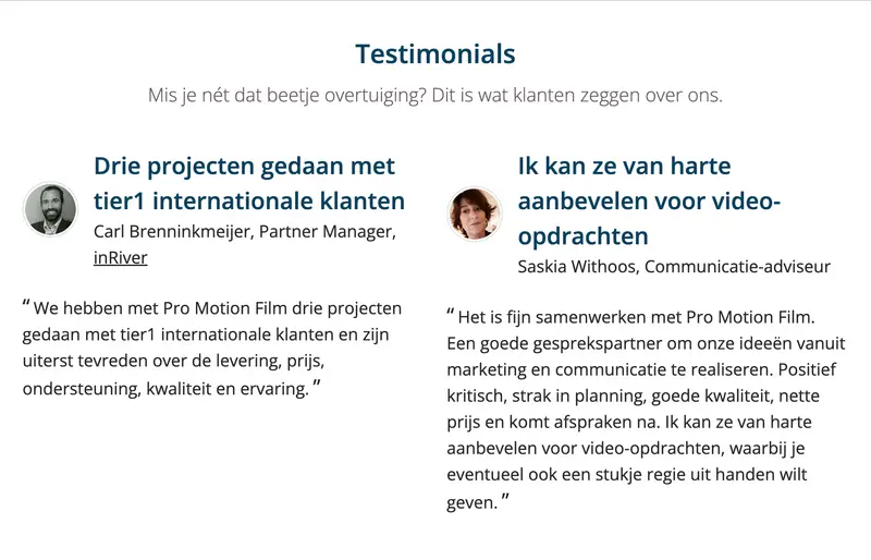 Testimonials sectie met klantrecensies over video-projecten, inclusief profielfoto's en citaten van twee tevreden zakelijke klanten.