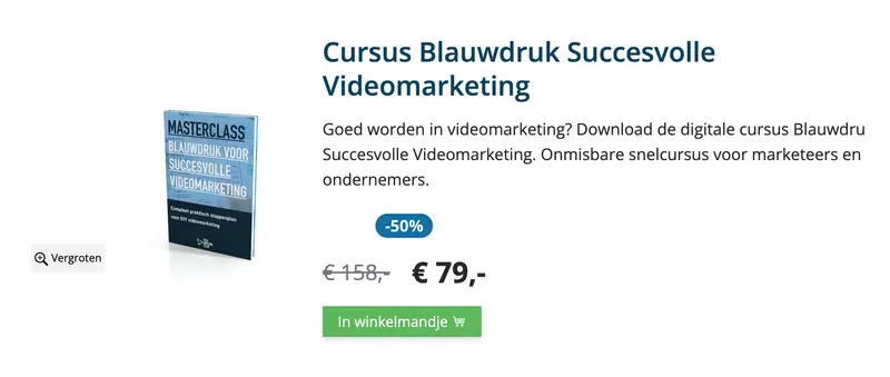 3D-weergave van een digitaal cursusboek over videomarketing met productdetails en kortingsaanbieding van €158 voor €79