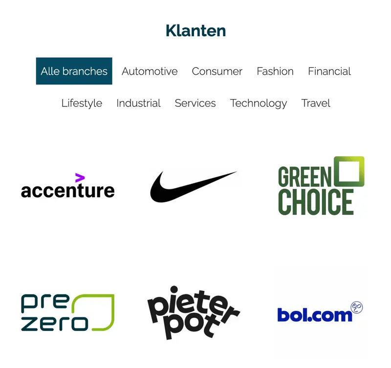 Overzicht van klantlogo's en industrieën met bekende merken zoals Nike, Accenture en Bol.com, gerangschikt onder verschillende sectoren.
