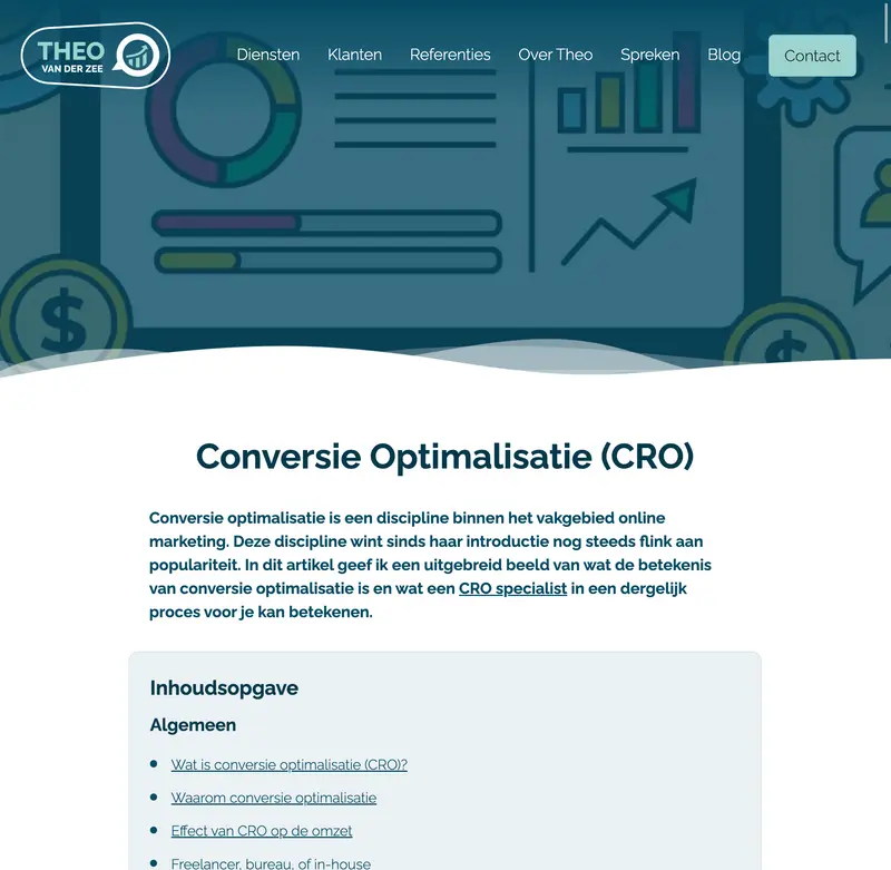Webpagina over Conversie Optimalisatie (CRO) met navigatiemenu, inhoudsopgave en blauwe header met zakelijke iconen