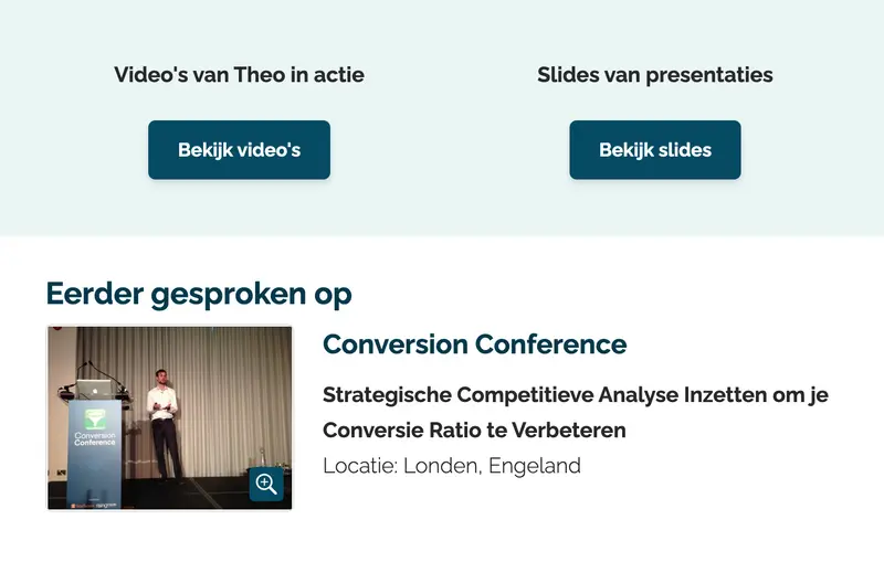 Twee knoppen bovenaan voor video's en slides, daaronder een conferentie-item met foto van een presentatie in Londen met titel over conversie-analyse.