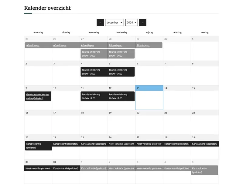 Een maandkalender met grijs-zwarte afspraken en evenementen, waarbij datum 13 is gemarkeerd in blauw. Toont roostering en planning.