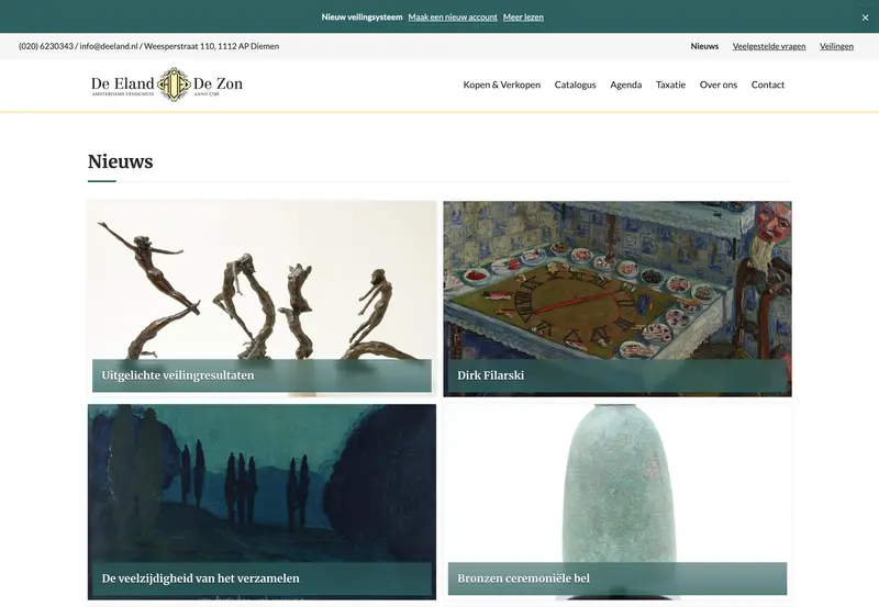 Nieuwspagina van De Eland & De Zon website met vier artikelblokken over meditatieve kunst en ceremoniële voorwerpen