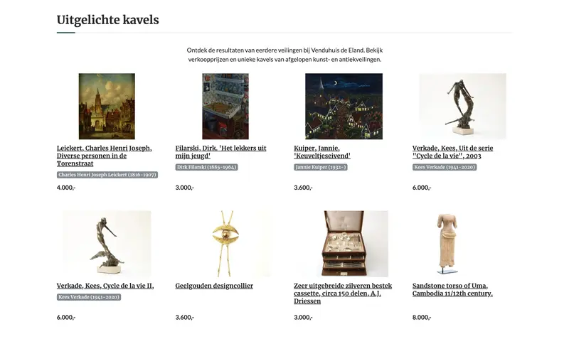 Overzichtspagina van kunstobjecten en kavels uit een veiling, met foto's van diverse sculpturen, sieraden en accessoires