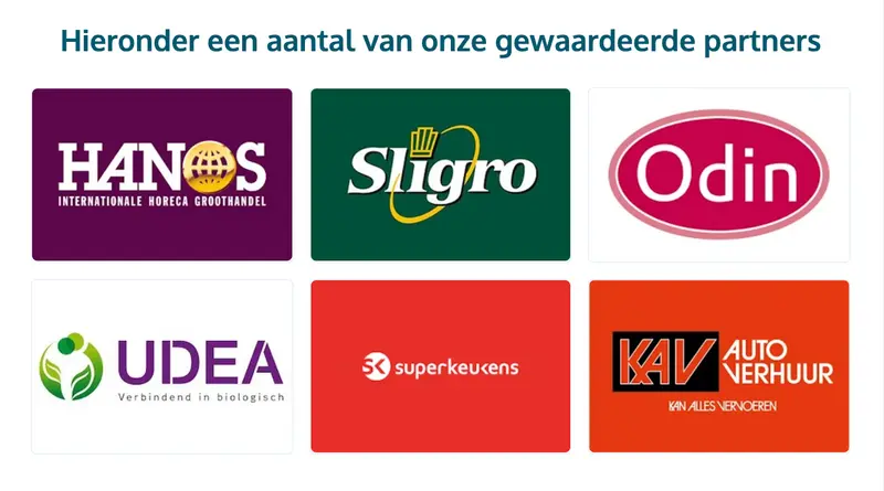 Logo's van zes partnerbedrijven waaronder Hanos, Sligro, Odin, UDEA, Superkeurens en KAV Autoverhuur in een rasterweergave