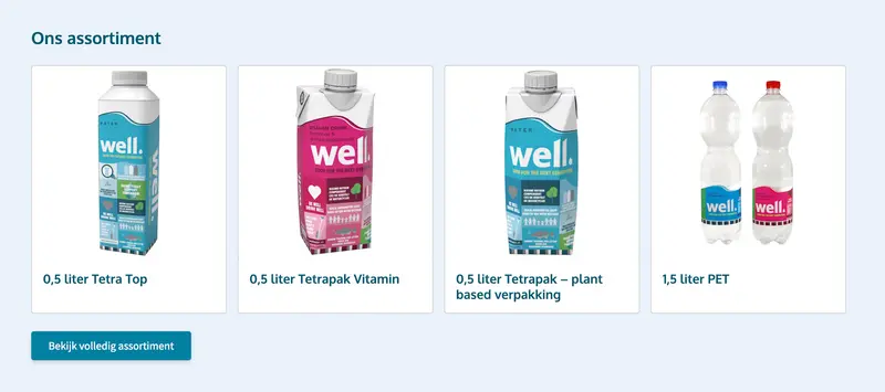 Productoverzicht van Well drankflessen in verschillende formaten: 0,5L Tetra Pak en 1,5L PET flessen met plantaardige verpakking