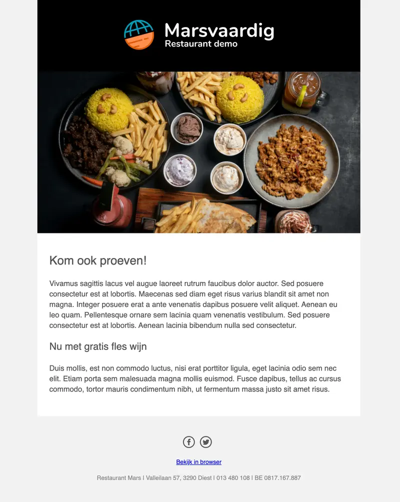 'E-mailmarketing voor restaurant met diverse gerechten, friet en sauzen op donkere tafel. Marsvaardig Restaurant demo