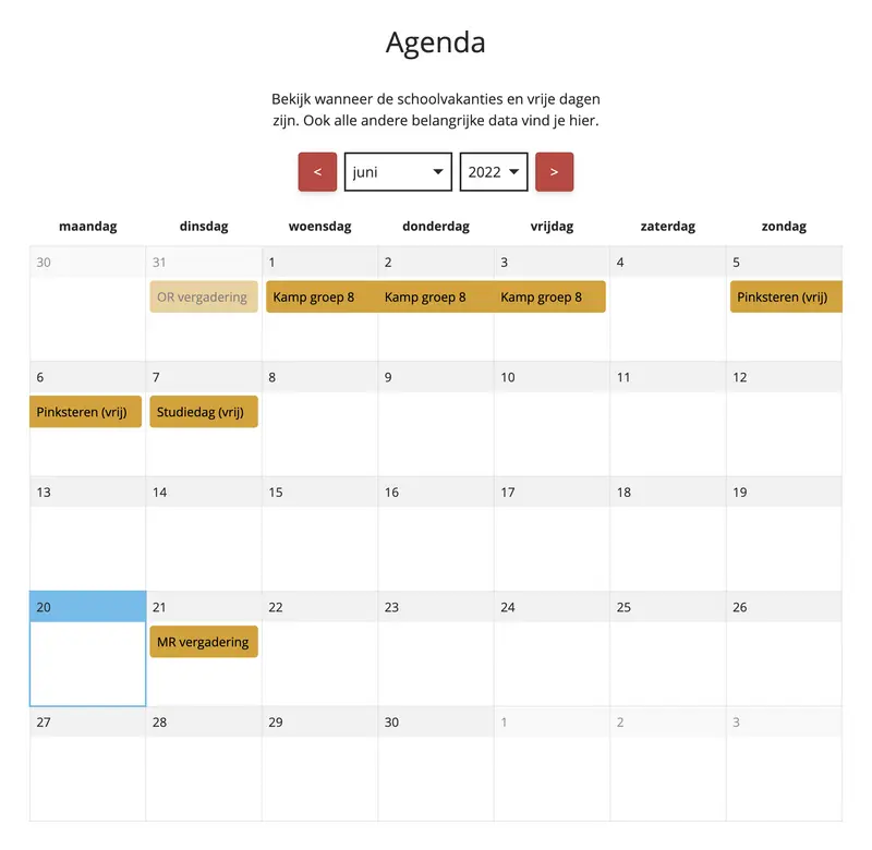 Maandkalender voor juni 2022 met geplande activiteiten zoals vergaderingen, kampgroepen en pinkstervieringen