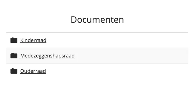Lijst met drie documententypen: Kinderraad, Medezeggenschapsraad en Ouderraad, weergegeven als klikbare links.