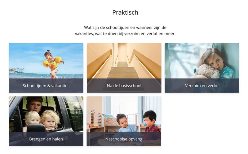 Overzichtspagina met vijf tegels die praktische informatie tonen over schooltijden, naschoolse opvang en vervoer van kinderen.