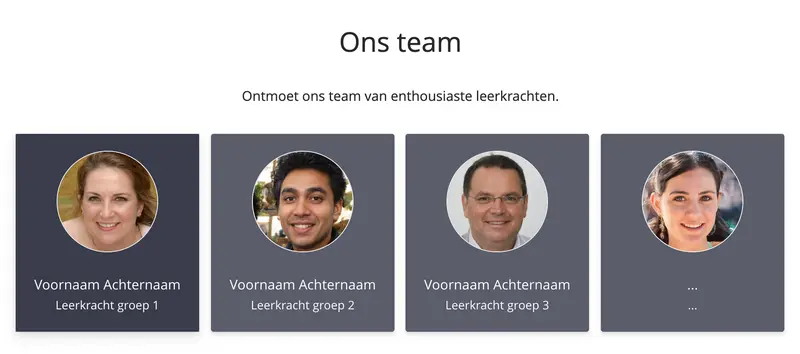 Een team van vier leerkrachten met portretfoto's in ronde kaders, onder 'Ons team' titel met beschrijving als enthousiaste medewerkers.