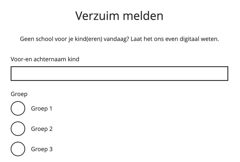 Online formulier voor het melden van schoolverzuim met velden voor naam en groepskeuze (1-3)