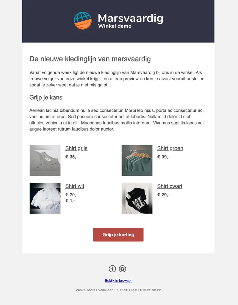 Email-nieuwsbrief van Marsvaardig met productafbeeldingen van nieuwe kledingcollectie, inclusief verschillende t-shirts en prijzen