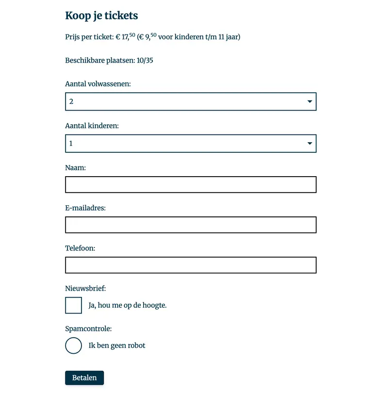 Ticketbestelformulier met invoervelden voor aantal personen, contactgegevens en nieuwsbriefoptie. Prijs €17,95 per ticket, 10/35 plaatsen beschikbaar.