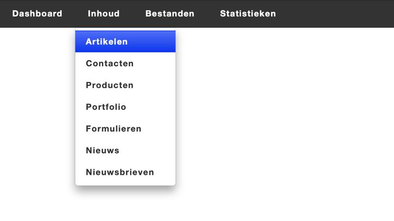 Uitklapmenu van een website met verschillende navigatie-opties, waarbij 'Artikelen' blauw is geselecteerd