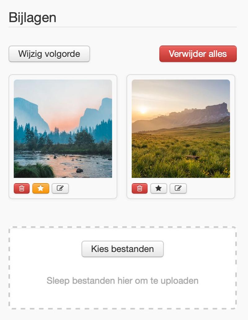 Bijlagen-interface met twee landschapsfoto's en upload-optie, inclusief knoppen voor wijzigen, markeren en verwijderen van bestanden