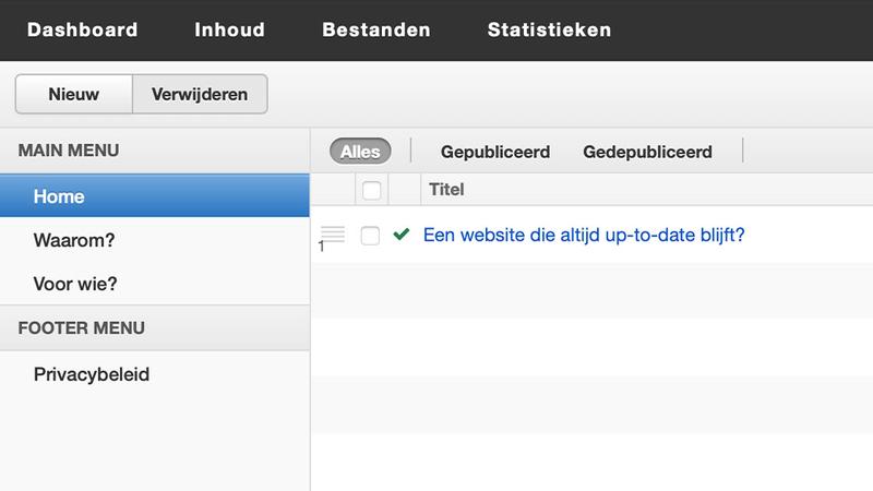 Screenshot van een content management systeem dashboard met navigatiemenu links en overzicht van gepubliceerde content rechts