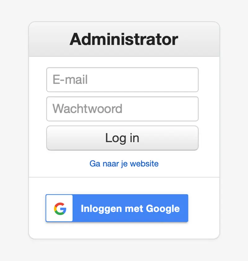 Inlogscherm voor beheerders met e-mail/wachtwoord velden, login knop en Google inlog optie