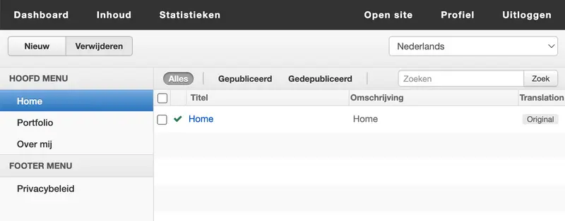 Interface van een contentmanagementsysteem met hoofdmenu, tabbladen en een lijst met inhoud in het Nederlands