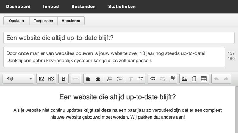 Content management systeem interface met tekstbewerker en navigatiemenu voor het updaten van een website