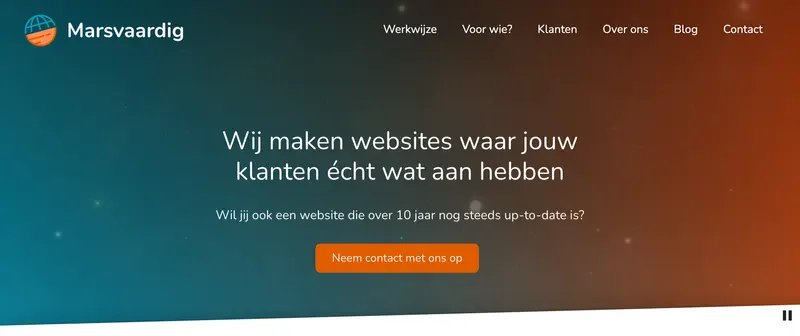 Homepage van Marsvaardig met teal-oranje kleurverloop, witte tekst en CTA-knop over websiteontwikkeling voor klanten