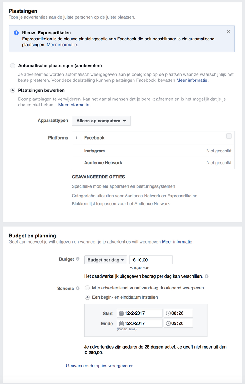 Facebook ad budget en planning